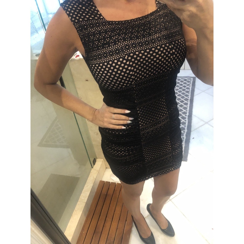 BCBGMAXAZRIA Black Mesh Crochet Bodycon Ruched Mini Dress Nude Lining Small S